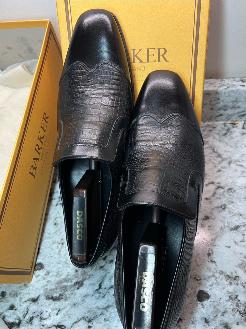 BARKER RIVOLI Black Croc-Embossed Leather Slip-On Loafers